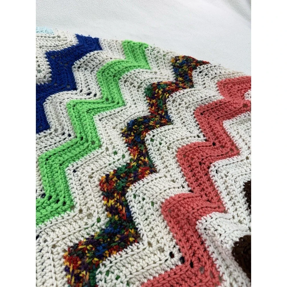 Handmade Crochet Granny Afghan Blanket Multicolor Chevron Pattern Large